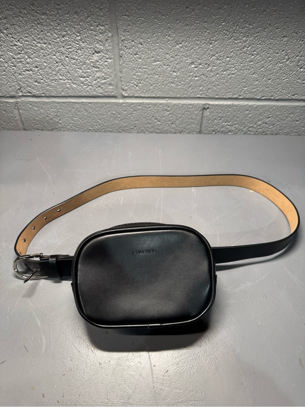 Calvin Klein Black Leather Belt Bag with Tan Strap Interior
